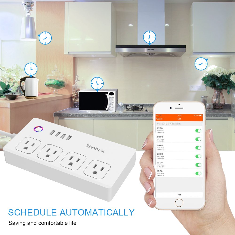 WiFi Smart Power Strip Surge Protector 1700 Joule with Switch 4 Outlets 4 Charge USB Ports and 5-Foot Extension Cord, App Control Your Devices from Anywhere Anytime (White)
