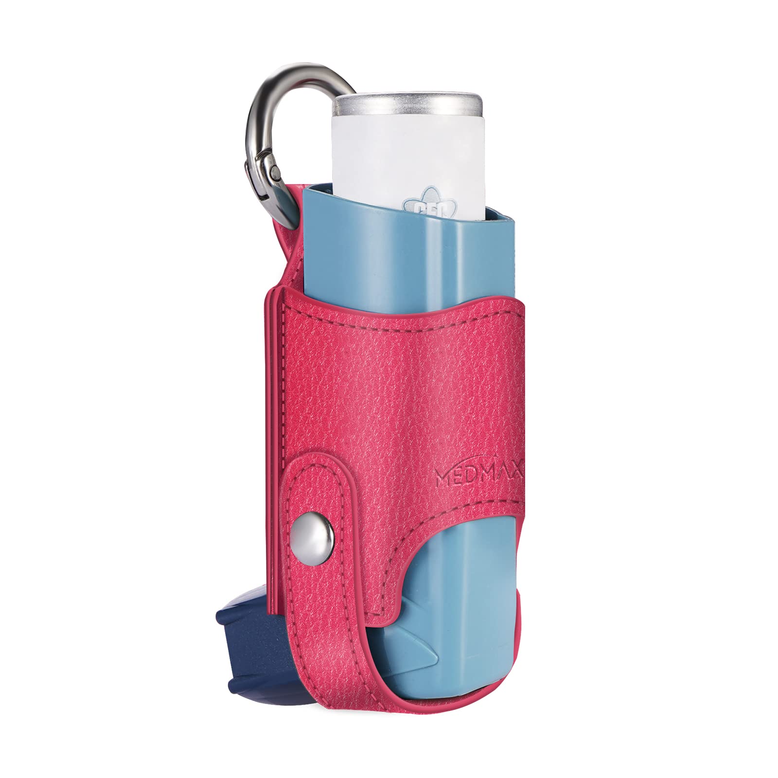 MEDMAX Asthma Inhaler Holder PU Leather Protective Travel Handy Mini Holster, Lightweight Carrying Case with Carabiner Clip, Inhaler Not Included (Case Only) (Magenta)