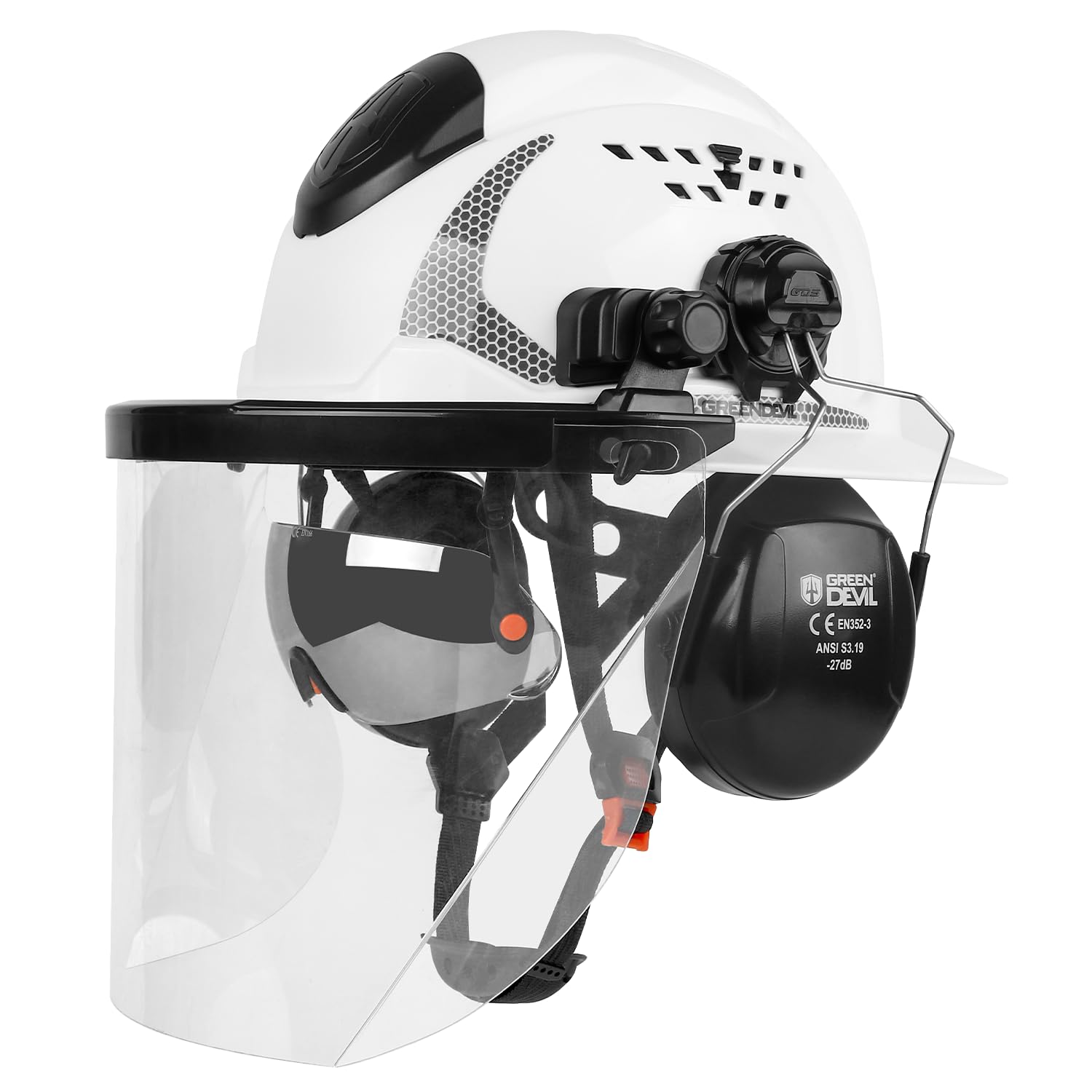 Photo 1 of GREEN DEVIL Industrial Chainsaw Helmet with Face Shield Built in Visor and Ear Muffs 4 in 1 System ANSI Z89.1 Safety Hard Hat Adjustable Headgear Ideal for Forestry and Arborist Work Full Brim Style