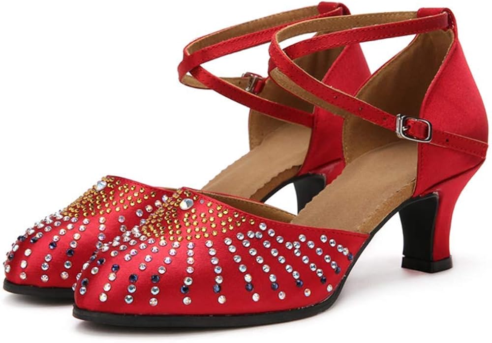 Myloo Womens Kitten Heel Rhinestone Ballroom Performance