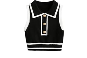 Verdusa Women's Button Front Striped Collar Sleeveless Sweater Vest Knit Top