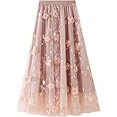 jinghuiyue Women's Midi Tulle Skirts Floral Embroidery Layered Print Fairy Skirts Elastic Waist A-Line Mesh Skirt