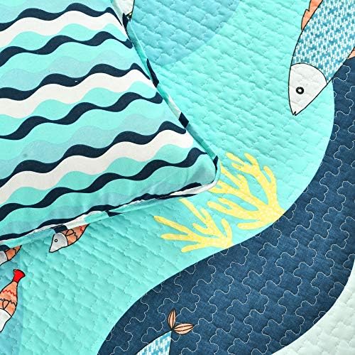 Ocean-themed quilt set with fish design, 100% cotton, in shades of blue, priced at $67.99.