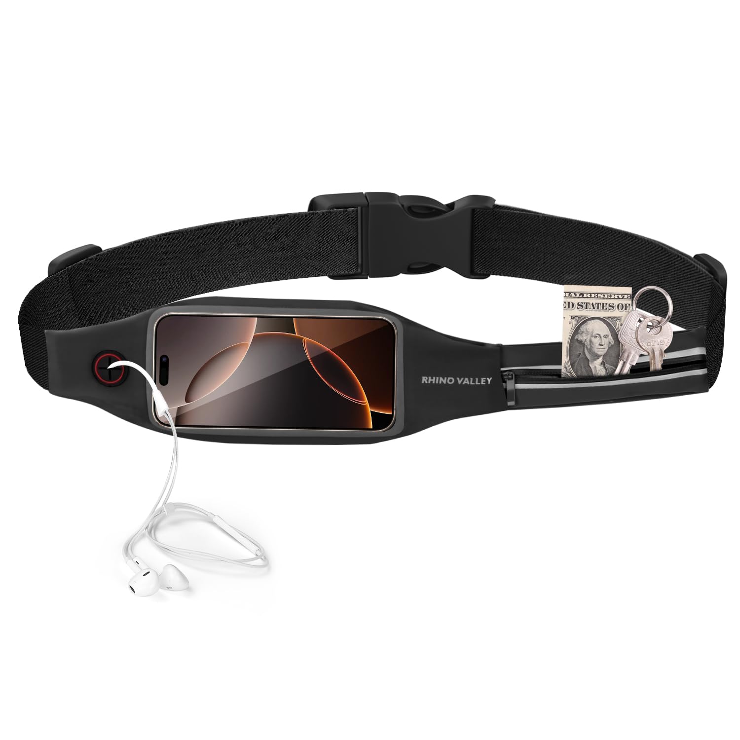 Rhino Valley Running Belt Gift, Running Phone Holder Money Belt Fanny Pack for Women Men Waterproof Small Black Waist Bag with Touchscreen Reflective Strip, Bumbag for Cycling Hiking Workouts Travel