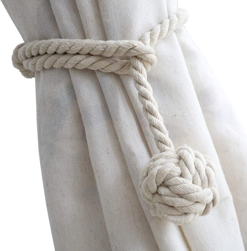 Melanovo 4 Pack Curtain Tiebacks,Handmade Natural Cotton Rope and Round Finial Drapery Tie Bakes,Decorative Holdbacks Holders for Window Sheer and Blackout Panels (Beige)