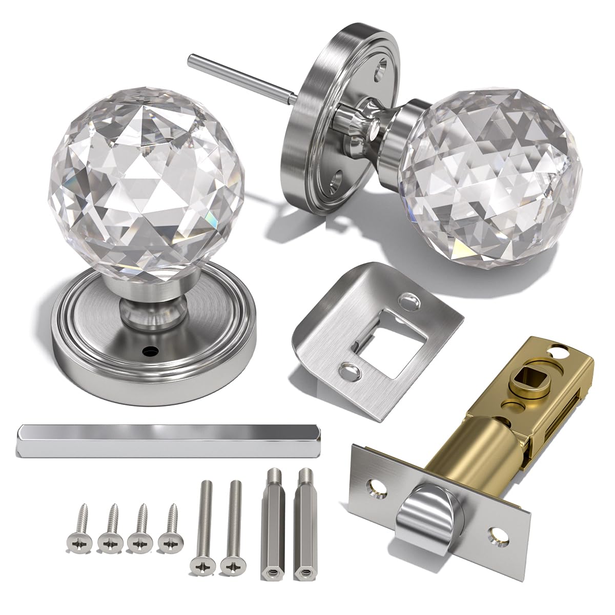 Bwintech 1 Pair Solid Crystal Brushed Nickel Door Knobs, 65mm Palace Style Crystal Interior Door Knobs with Latch and DIY Screw Kit for Bathroom, Bedroom, Hall