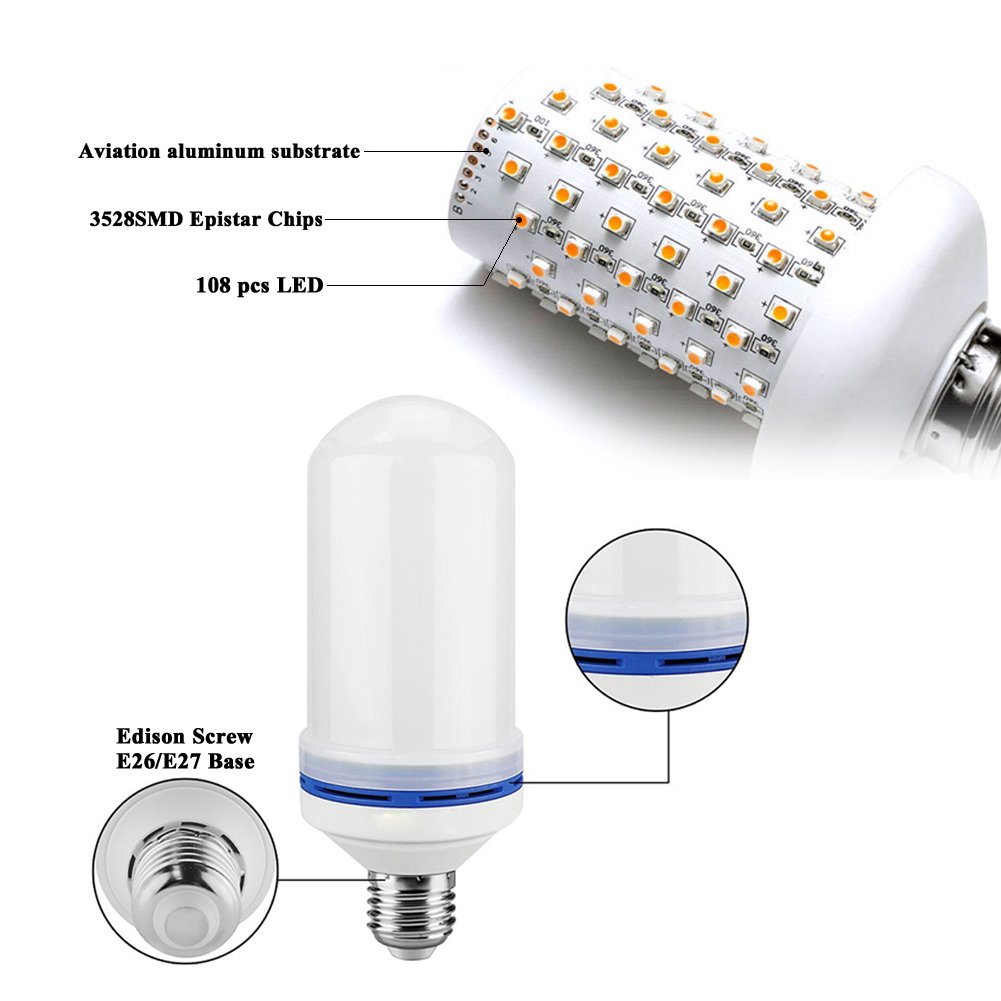 Romantic LED Flickering Simulation Flame Light Bulbs 3 Modes and Gyro Sensor,1500K True Fire Color,700 Lumens Nature effect,108pcs 2835 LED Beads