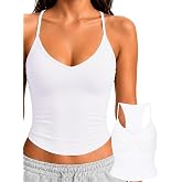 Danysu Padded Tank Tops for Women Double Line V Neck Racerback Camisole | No See Through, Sewn in Pads, Fitted Stretchy, Spaghetti Strap, Seamless, Crop Length, Y2K, Yoga, Casual, Summer Cami Tops