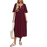 Wenrine Womens Flutter Short Sleeve Maxi Dress Casual V Neck Side Slit Pleated Loose Flowy Summer Dresses