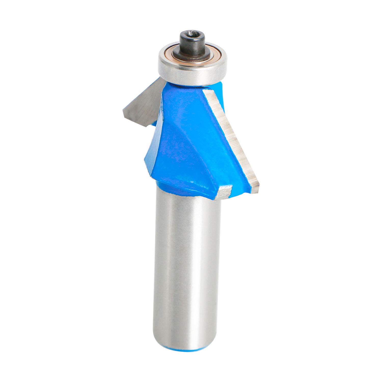 Aopin 45 Degree Chamfer Edge Forming Router Bit 1/2-Inch Shank, Top Bearing Bevel Edge Forming Router Bits Cutter Woodworking Tool, Blue, Silver, 1Pcs