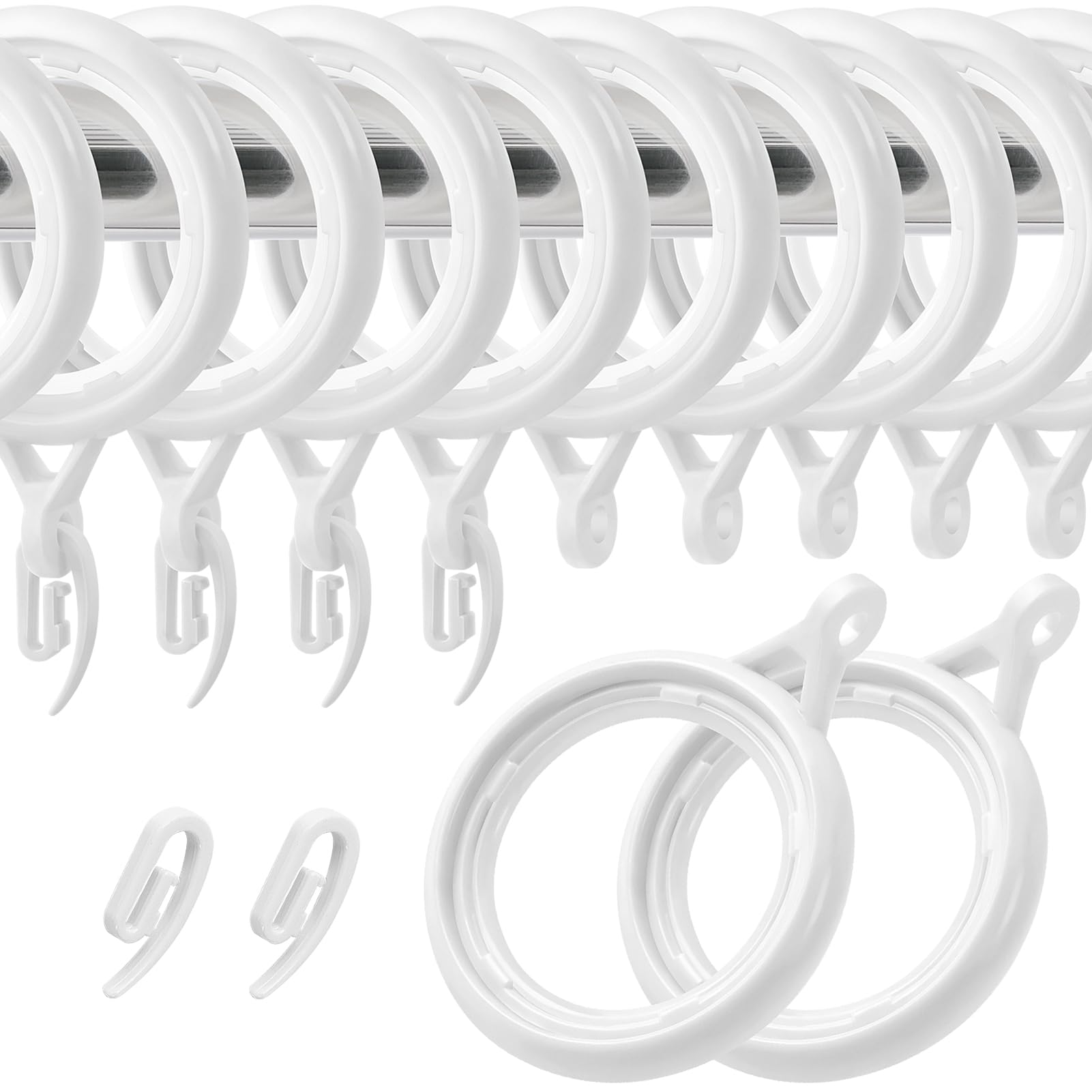 WCIC 32 Pack Curtain Rings and Hooks - White 40mm Plastic Hanging Rings with Hooks for Curtains