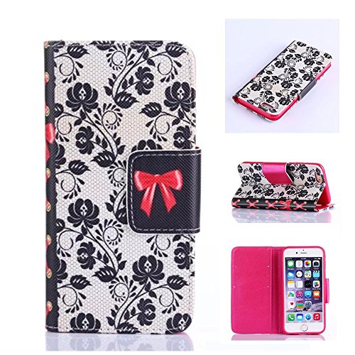 iPhone 6 Case,WGOOD [Kickstand Flip Case] iPhone 6 Wallet Case Premium Soft TPU Synthetic Leather Flip Cover [Card],Wallet Case for Apple iPhone 6 4.7 Inch(Not for Apple iPhone 6 Plus 5.5 Inch!!!)-[Flowers Bowknot Pattern]