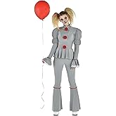Women's IT Pennywise Clown Costume | Adult Evil Sewer Clown Killer Outfit with Ruffle Accents, Red Pom Poms