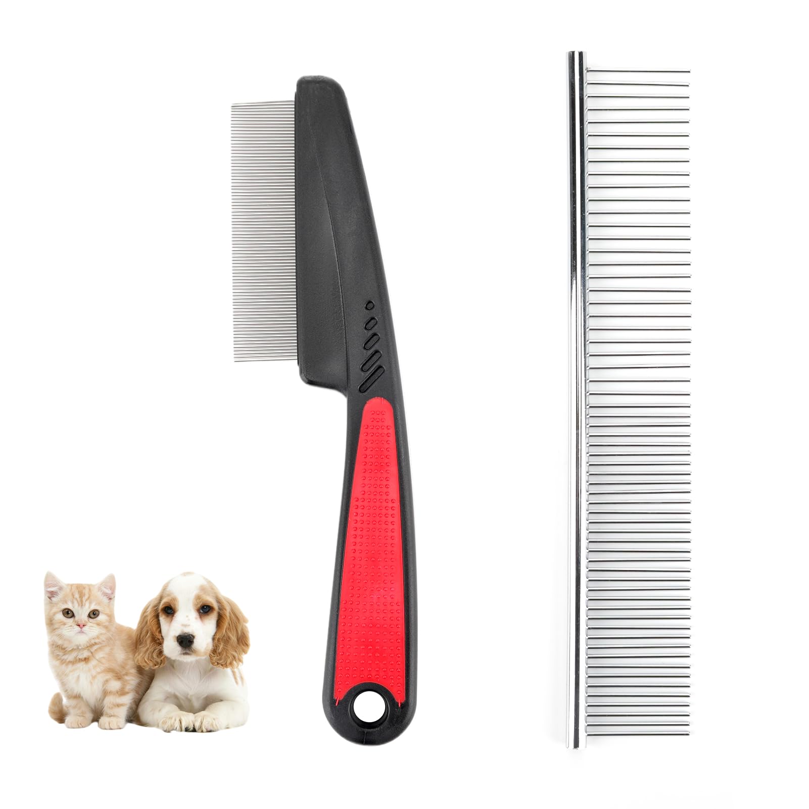 2 PCS Flea Comb for Dog Cat, Stainless Steel Pet Comb Pet Grooming Comb Fur Detangling Tool for Pets for Matted Hair Comb Grooming Tool for Removing Tear Stains Fleas Dandruff Lice