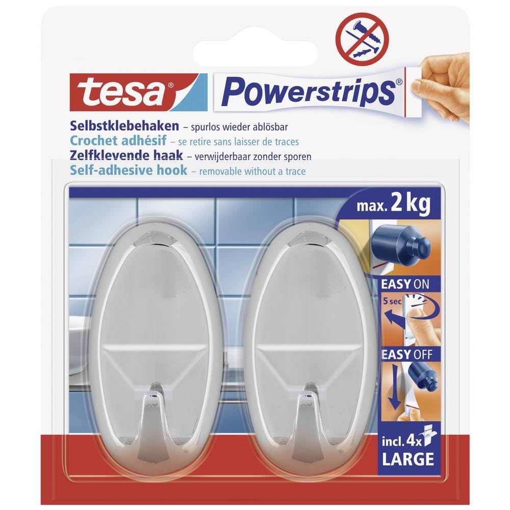 tesa Powerstrips Hooks Large OVAL - Removable Self-Adhesive Wall Hook for Glass, Tiles, Wood, Plastic and Other Surfaces - Chrome - Holds Up to 2 kg