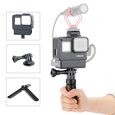 ULANZI V2 Vlogging Case w حامل ثلاثي القوائم لـ Gopro ، حقيبة الإسكان الواقية المحمولة Vlogging Frame Cage Mount with Microphone Cold Shoe Adapter متوافق مع GoPro 7 6 5 ، ملحقات كاميرا العمل