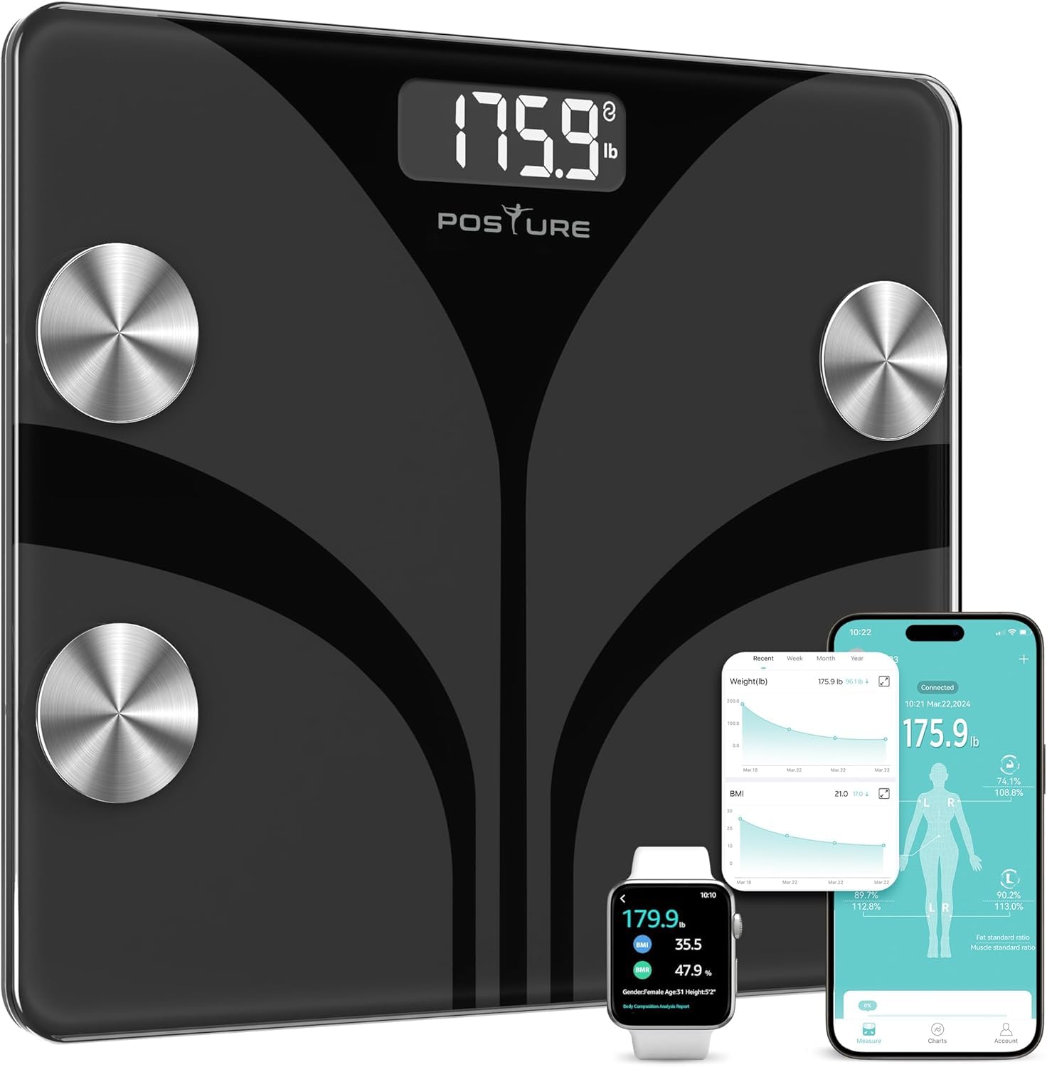Posture Scale for Body Weight, Digital Bathroom Smart Scale, 13 Body Composition Analyzer Sync Weight Scale BMI Health Monitor Sync Apps 400lbs - Black