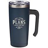 Christian Art Gifts Large Stainless Steel Insulated Vacuum Sealed Inspirational Scripture Travel Mug for Men, Women & Grads: I Know the Plans, Retractable Lid, Sturdy Handle, Navy Blue/Silver, 18 oz.