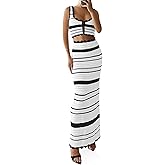 Saodimallsu Womens 2 Piece Sets Summer Striped Crochet Knit Coverup Sleeveless Button Crop Tank Top Bodycon Maxi Skirt