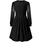 Little Bitty Girls Textured A-Line Swiss Dot Dress,Tulle Long Sleeve Ribbed Knit Crew Neck Midi Dress with Pockets 4-13 Years