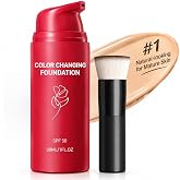 Korean Smooch Color Changing Foundation &amp; Pro Brush, Natural Finish | Korean Self-adjusting Formula for Light-Med Tones with Hyaluronic Acid, Buildable Coverage, No Orange Finish &amp; Non-cakey Wear