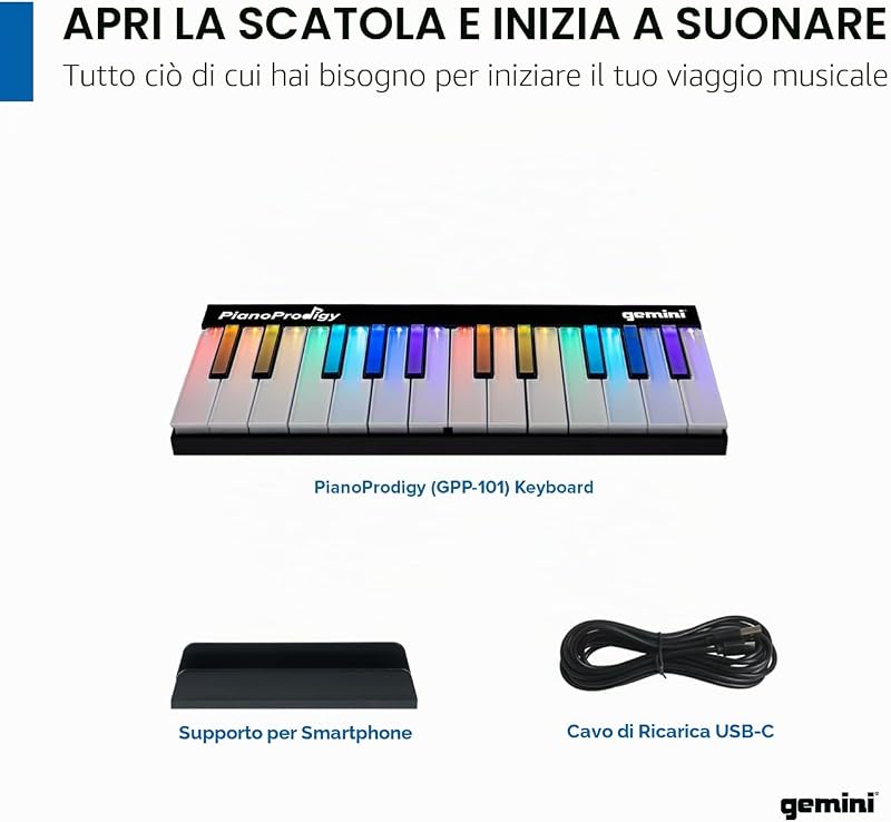 Sound PianoProdigy: Tastiera MIDI Wireless Illuminata a 24 tasti GPP-101, È Necessario Connettersi al Dispositivo iOS/Android per l'Audio, Espandibile, Bluetooth, Portatile