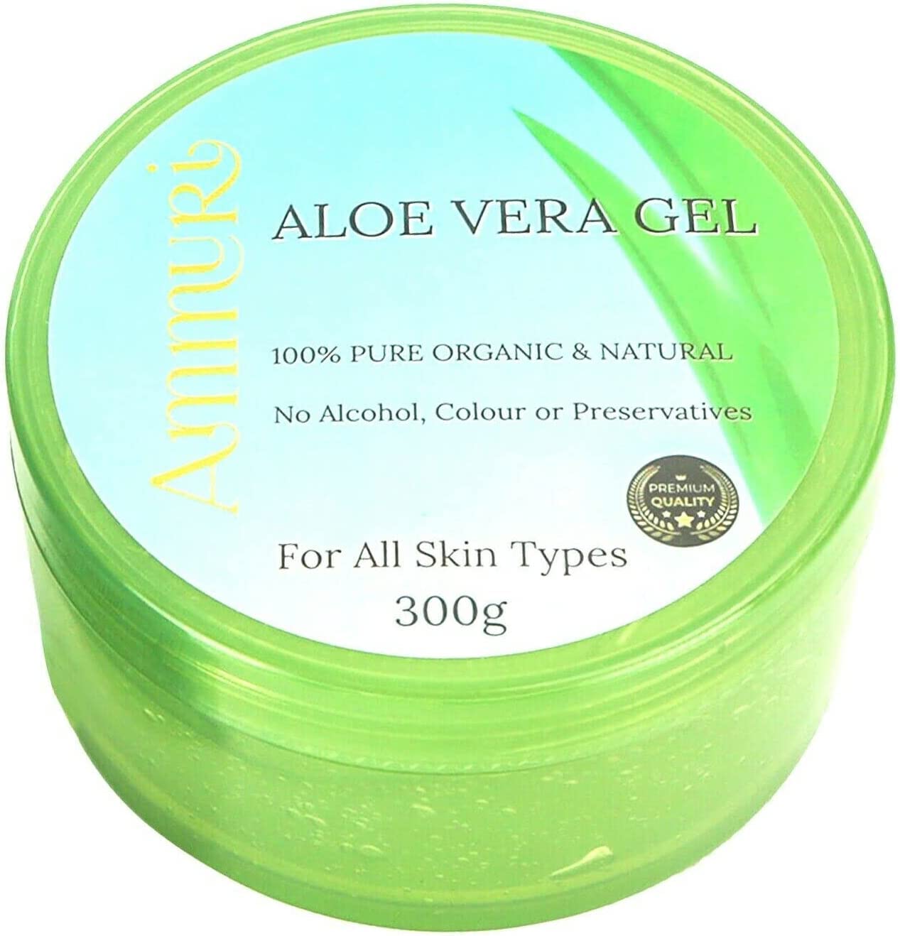 Ammuri Organic Aloe Vera Gel 300ml - 100% Pure Natural Face Body Hair Moisturiser - Soothing Hydrating Gel Fast Absorbing Non-Sticky - Post-Sun Hydration Gentle Formula