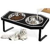 Cat Food Bowls Elevated, Gothic Cat Bowls, Raised Cat Bowls for Indoor Cats with Non-Slip Stand &amp; Wood Board, Stainless Steel and Whisker Friendly Food Bowls