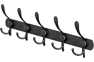 SAYONEYES Black Coat Rack Wall Mounted - 16 Inch Heavy Duty Stainless Steel Matte Finish Wall Hook Rack - 5 Tri Coat Hooks for Hanging Towels, Bags, Hat - Bathroom Entryway - 1 Pack
