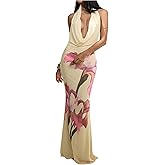 Floerns Women's Floral Deep V Neck Halter Dress Fishtail Draped Open Back Party Maxi Dresses