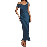 Satin Off The Shoulder Backless Maxi Dresses for Women Elegant Silk Spaghetti Strap Cowl Neck Formal Wedding Guest Dress