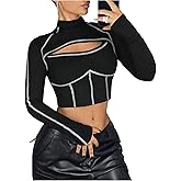 Milumia Women's Y2k Cut Out Long Sleeve Crop Top Contrast Binding Mock Neck Fitted T Shirts