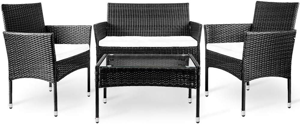 Amazon Com Simply Me 4 Pieces Rattan Patio Furniture Rattan Sofa Chair Set All Weather Garden Pool Indoor Outdoor Sofa Wicker Conversation Set With Seat Cushions And Glass Tabletop Black Rattan Garden Outdoor