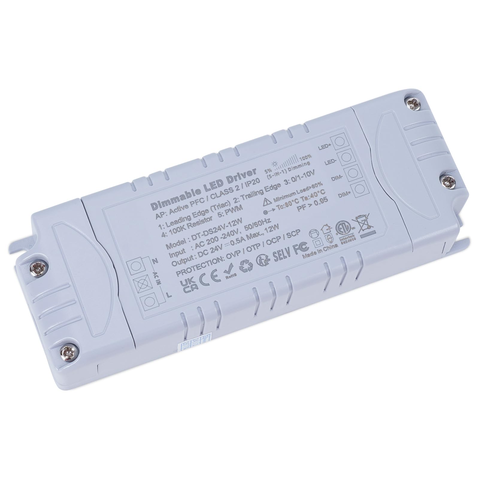 YAYZA! 24V 12W Dimmable LED Transformer, IP44 Driver, 240V AC to 24V DC 500mA Low Voltage PSU for LED Strip Lights, Cabinet Lights and Bulbs (1-Pack)