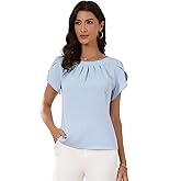 Allegra K Short Sleeve Tops for Women's Round Neck Pleated Front Dressy Casual Work Blouses Shirts