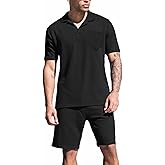 Tuveke Men's Polo Shirt and Shorts Set Casual Waffle Knit Tracksuit Set for Men Summer Outfits 2 Piece Short Set