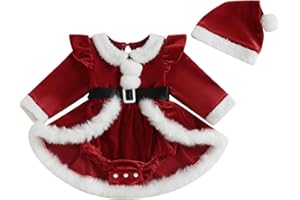 Ursobutegl Newborn Infant Baby Girl Christmas Clothes Santa Claus Romper Dress Fur Trim Velvet Jumpsuit Bodysuit Hat Costume