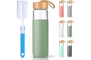 Yomious 25 Oz Glass Water Bottle with Bamboo Lid - Borosilicate Glass Water Bottles with Sleeve, Wide Mouth and Dishwasher Safe Water Bottle Glass - Bonus 1x Brush(Olive)