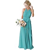 Djqpi Women's Halter Long Bridesmaid Dresses with Pockets Pleated Chiffon Formal Evening Party Gown