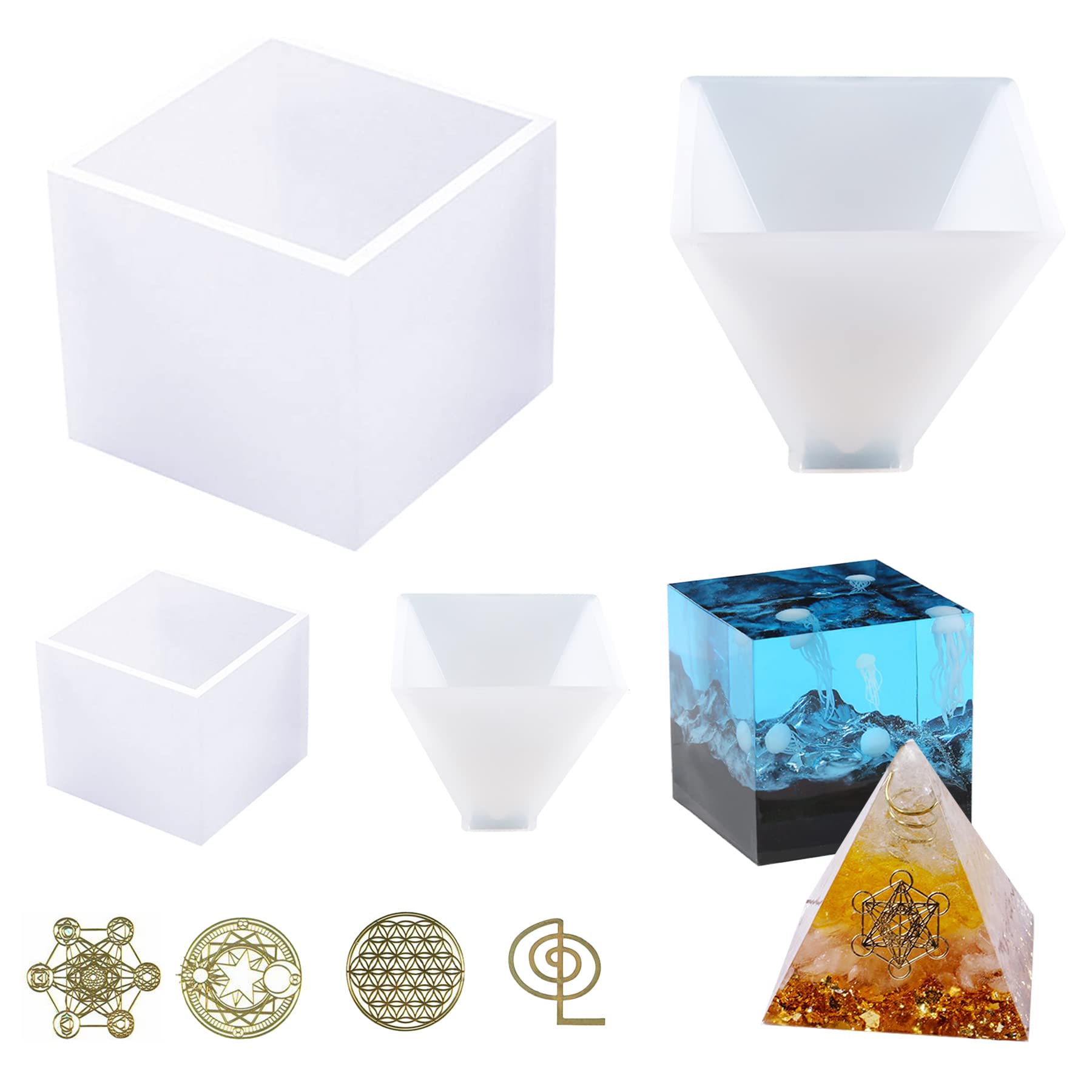 Cayway Pyramid Resin Casting Moulds Square Cube Mould, 4 Pcs Silicone Resin Mould with Craft Paperweight for Ogan Pyramid Muold Home Table Decoration