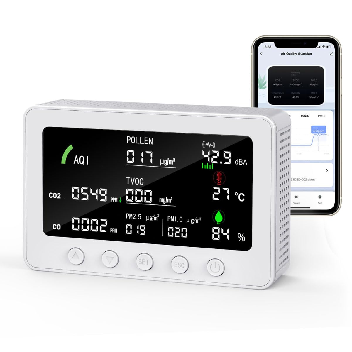 Photo 1 of 10 in 1 Air Quality Monitor Indoor,with APP 7" Display,Air Quality Tester for Home,Detector for CO,CO2?Pollen,Noise,TVOC,PM1.0,PM2.5,AQI,Temp and Humid,Air Quality Meters for Home,Office (White)