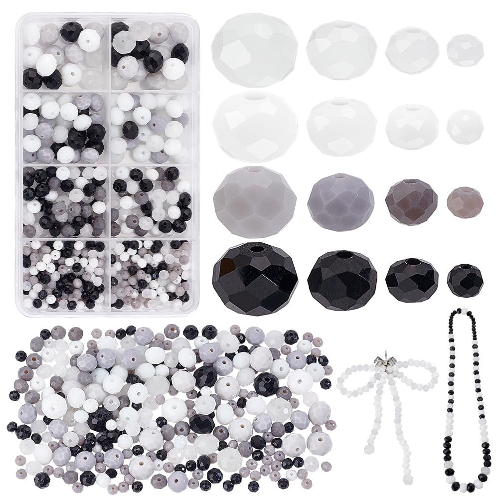 PH PandaHall 508pcs 4 Sizes Faceted Glass Crystal Rondelle Spacer Loose Craft Beads for DIY Jewelry Making - 4/6/8/10mm Black White for Bracelet Necklace Earring Keychain Crafts Projects