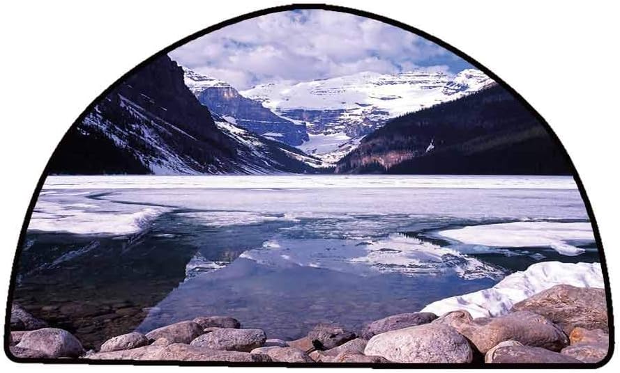 Floor Mat for Toilet Non Slip Winter,Lake Louise Alberta Canada Tourist Attraction Landscape Mountains Travel Vacation,W47 x L31 Half Round Area Rugs