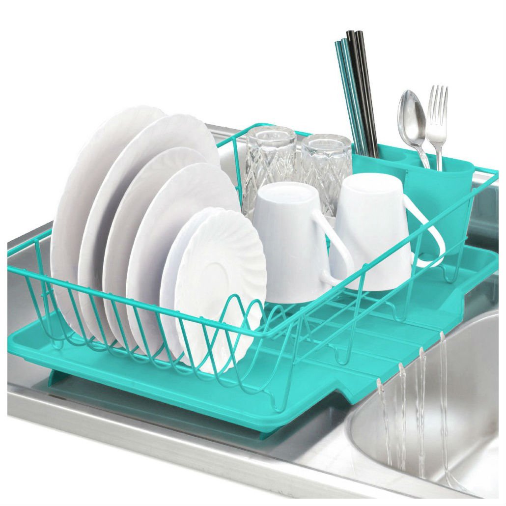 Home Basics 3-Piece Kitchen Sink Dish Drainer Set Kitchen Storage Organization Racks Holders (TURQUOISE)