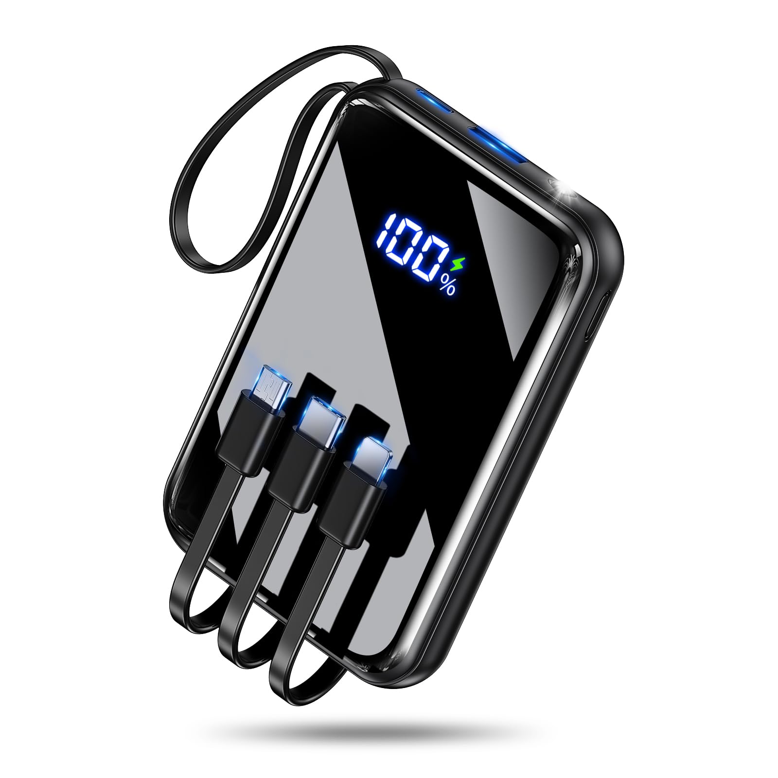 モバイルバッテリー 大容量【超小型サイズ・4本ケーブル内蔵】22000mAh大容量 モバイルバッテリー 軽量 小型 4台同時充電 LCDディスプレイ 鏡面デザイン 超軽量 持ち運びに便利 Type-C入力ポート&USB-A出力ポート 携帯充電器 スマホ 充電器 LEDライト付き 機内持込可能 全機種対応 旅行/出張/アウトドア/停電/防災緊急用