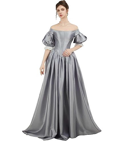 grey/silver edwardian dress Costume Sweetheart Puff Sleeve Ball Gown Floor Length Princess Dress for Women Black : Clothing, Shoes & Jewelry colorgrp-31843