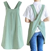 NEWGEM Japanese Linen Cross Back Cooking Aprons for Women Men with Pockets Cute for Baking Kitchen
