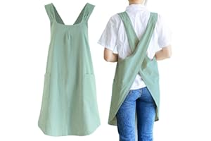 Japanese Linen Cross Back Cooking Aprons for Women Men with Pockets Cute for Baking Kitchen
