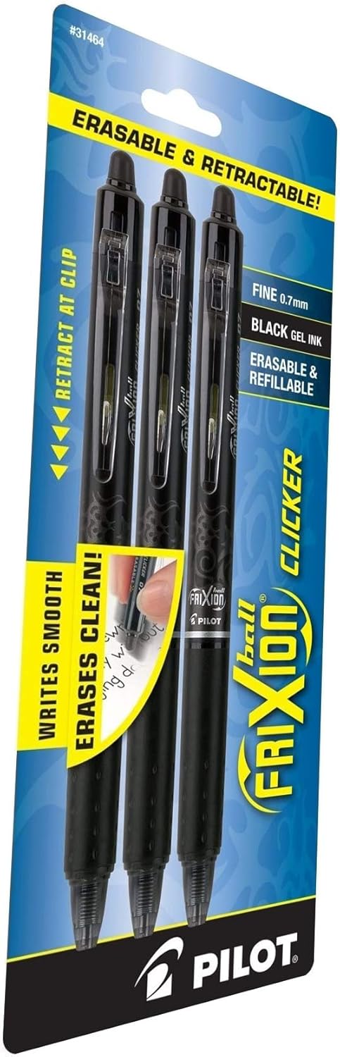 PILOT FriXion Clicker Erasable, Refillable & Retractable Gel Ink Pens, Fine Point, Black Ink, 3-Pack (31464): Office Products