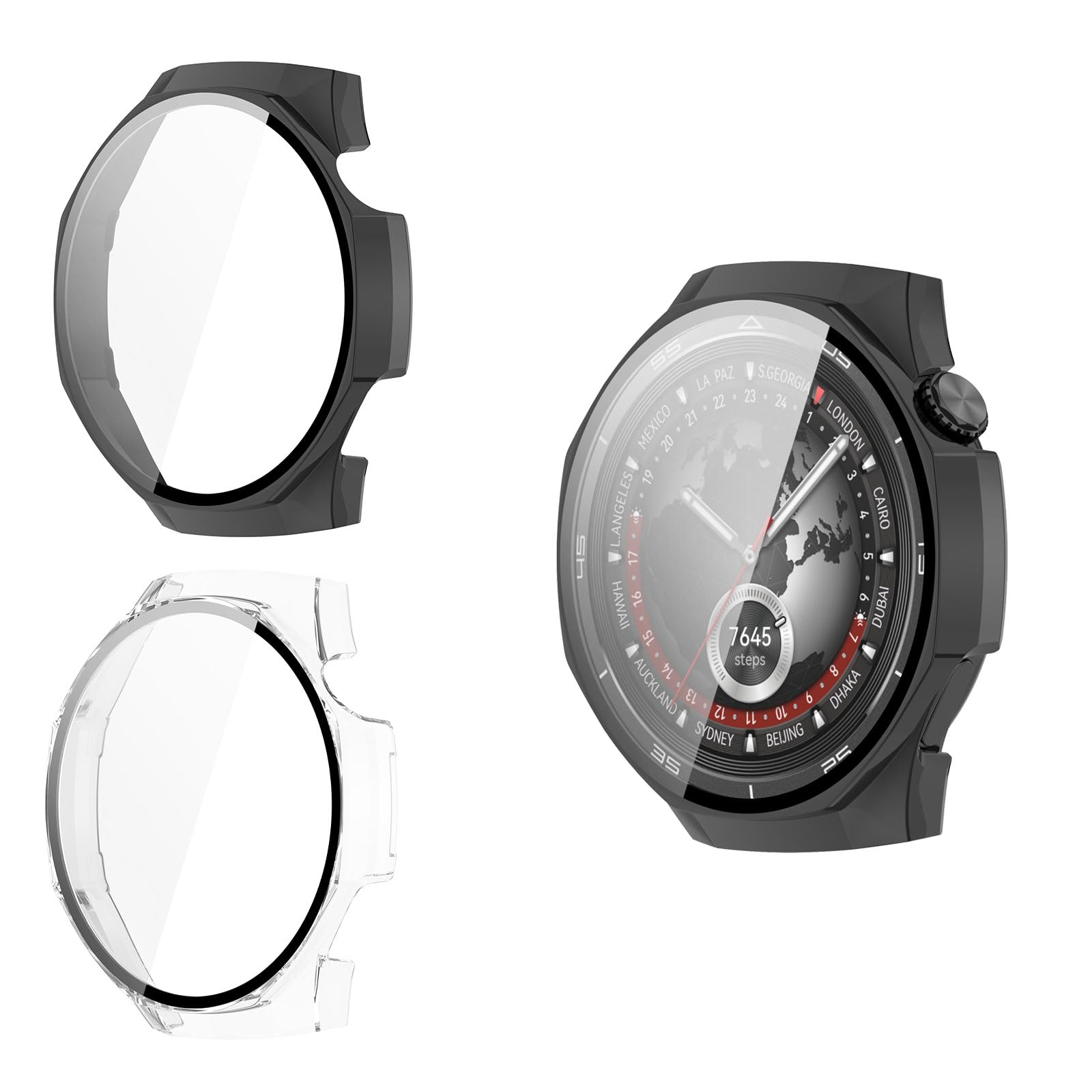 Yenwen Case for Huawei Watch GT5 Pro 46 mm, Pack of 2 Hard Case with Screen Protector for Tempered Glass, Anti-Scratch PC Protective Case for Huawei GT 5 Pro 46 mm, Transparent + Black